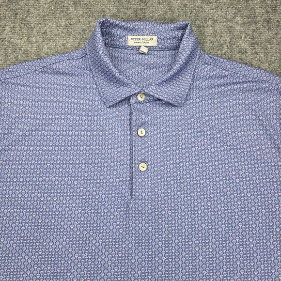 Peter Millar Shirt Mens Medium Blue Martini Glass AOP Summer Comfort Polo Golf - Picture 10 of 16